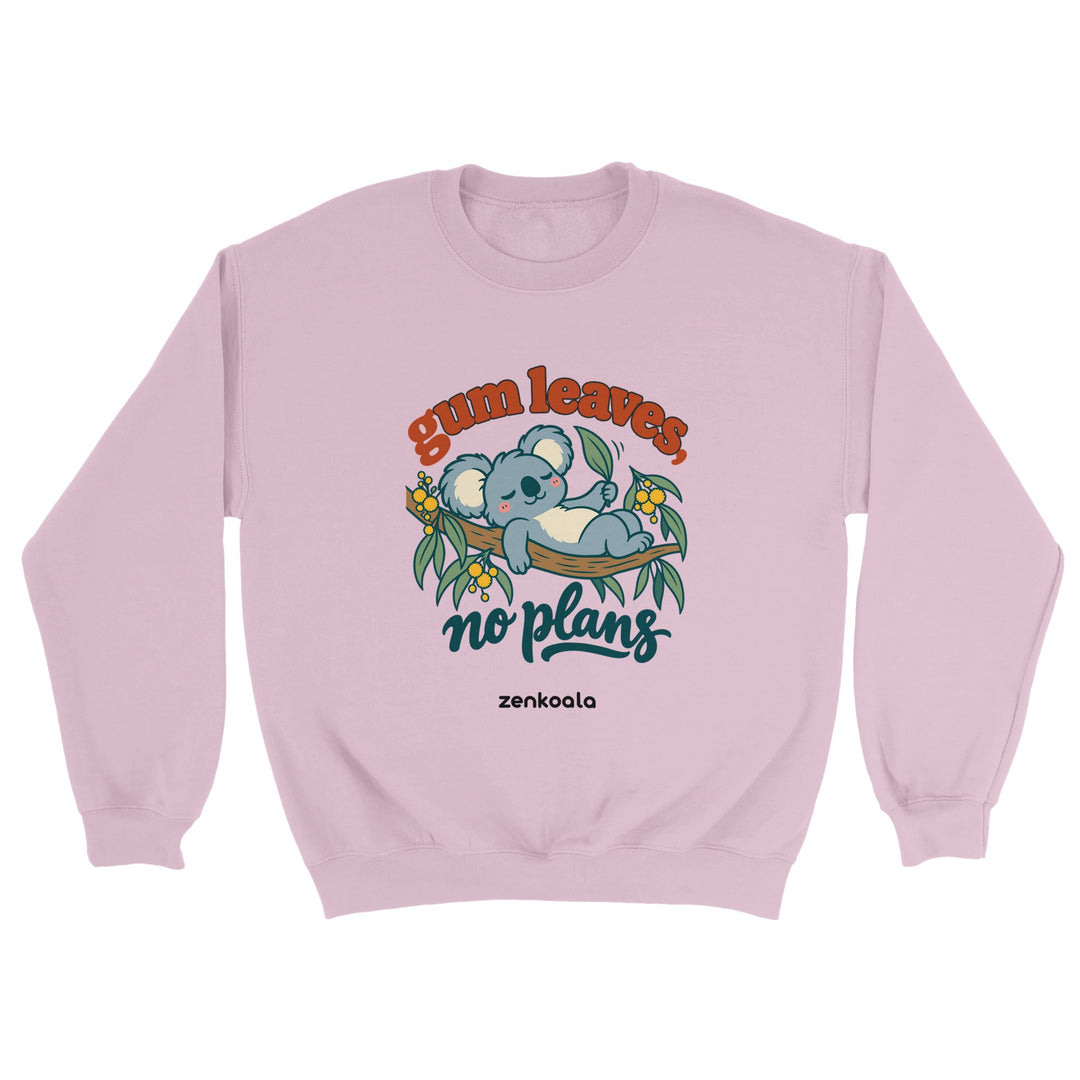 Gum Leaves No Plans feel-good sweatshirt in light pink, Zen Koala Australia