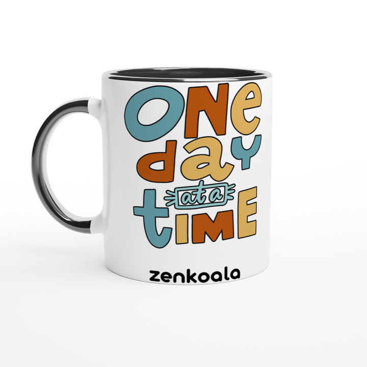 One Day at a Time mug in black: white with a black rim, inside and handle, Zen Koala Australia