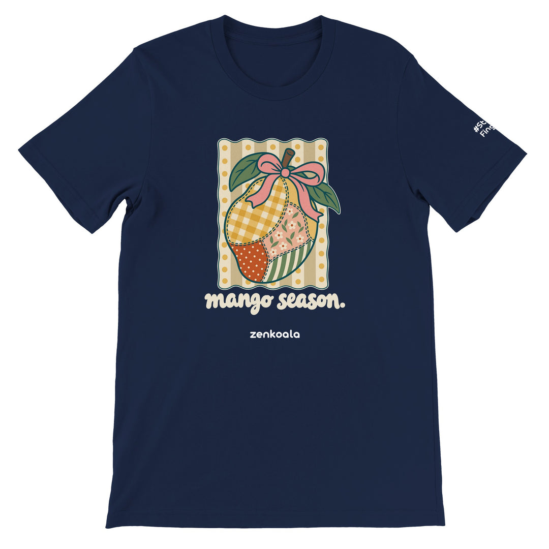 Mango Season feel-good tee in navy: a faux patchwork mango, Zen Koala Australia