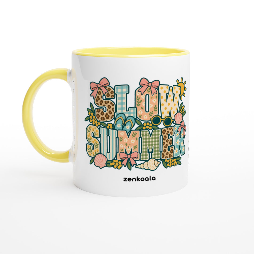Slow Summer mug in yellow: white with a yellow rim, inside and handle, Zen Koala Australia