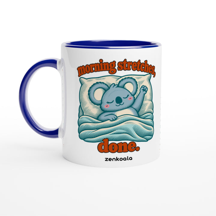 Morning Stretches Done mug in blue: white with a blue rim, inside and handle, Zen Koala Australia