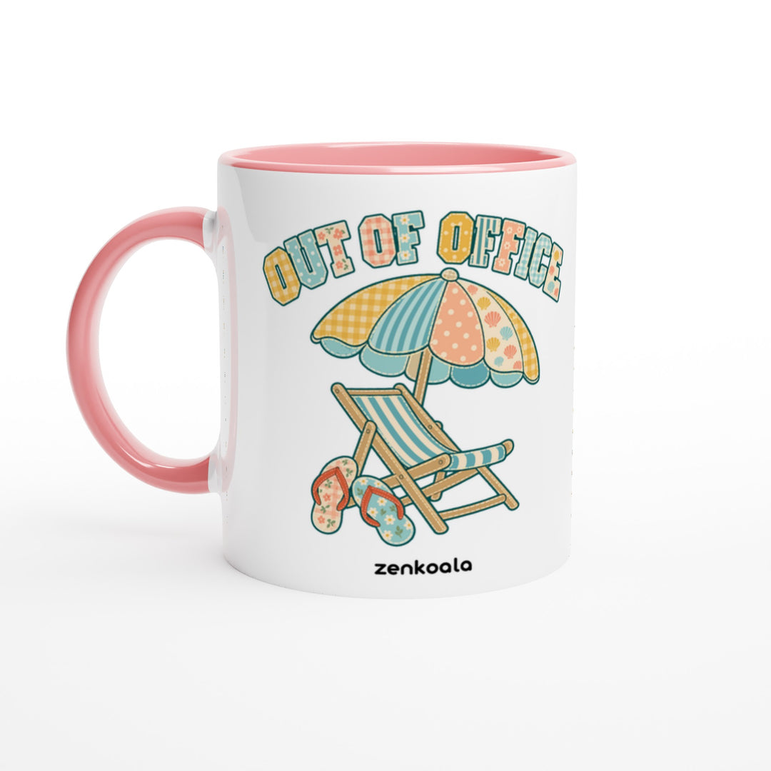 Out of Office Beach feel-good mug: a faux patchwork beach chair and umbrella, Zen Koala Australia