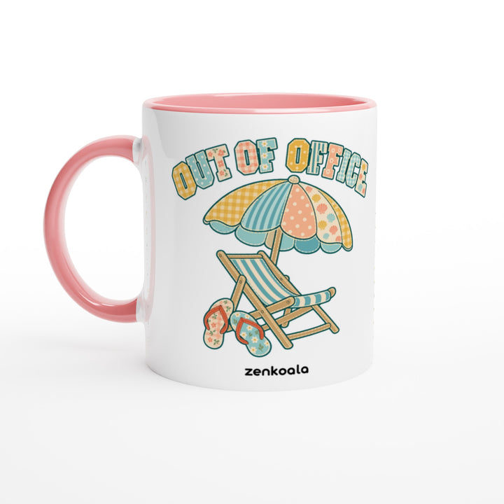 Out of Office Beach feel-good mug: a faux patchwork beach chair and umbrella, Zen Koala Australia