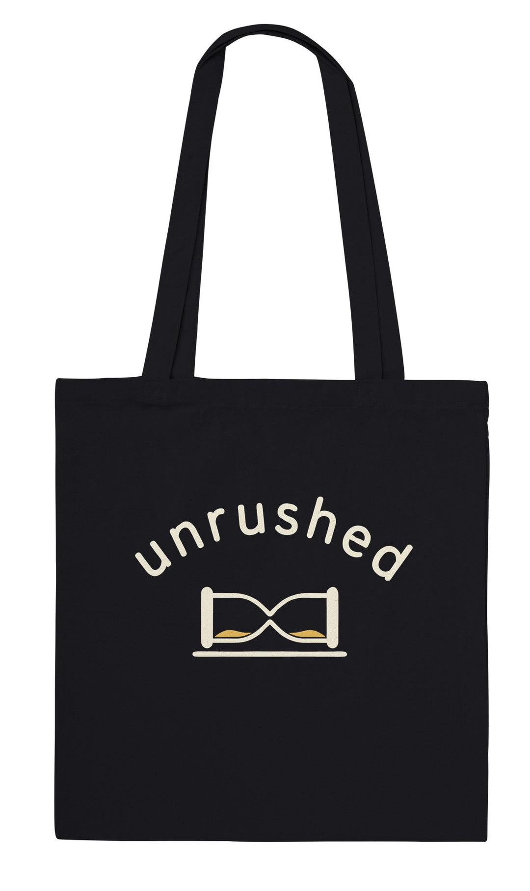 Unrushed feel-good tote bag in black: a minimalist hourglass tipped on its side, Zen Koala Australia