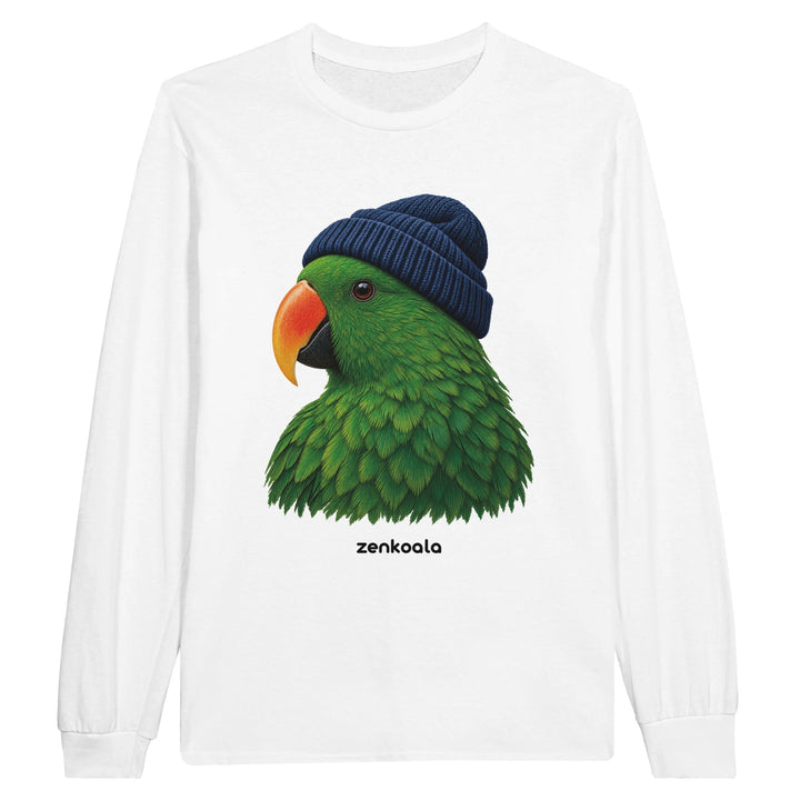Parrot Beanie feel-good long sleeve tee in white: a green parrot in a beanie, Zen Koala Australia