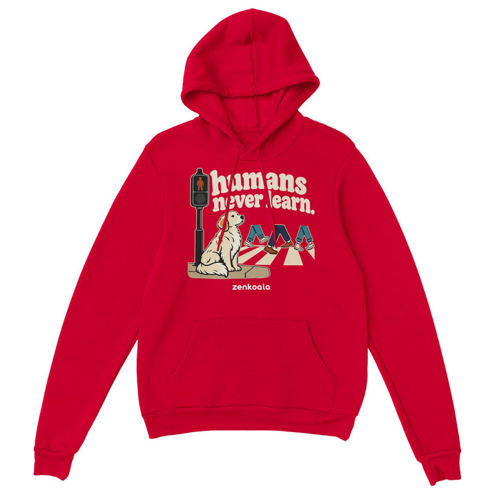 Humans Never Learn feel-good hoodie in red, Zen Koala Australia