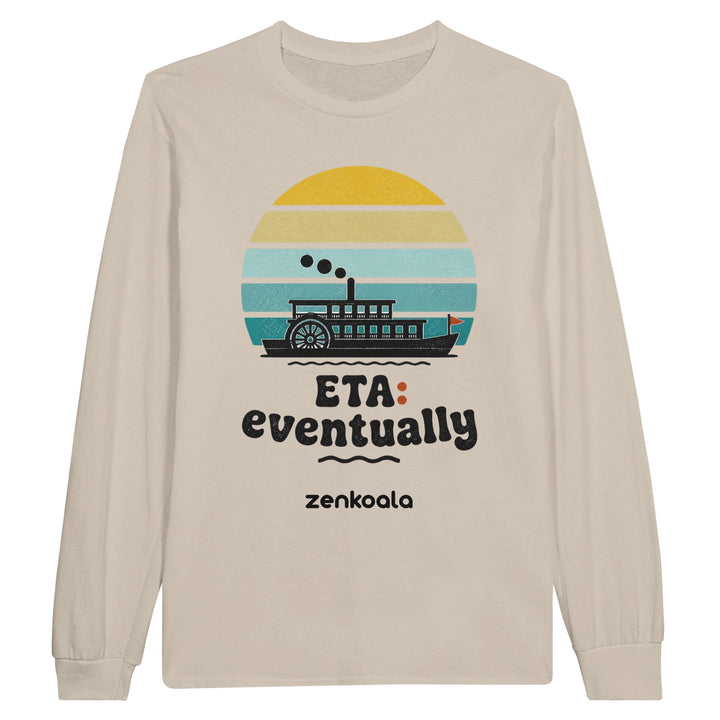 ETA Eventually long sleeve tee in sand — a retro sunset paddle steamer in no rush, Zen Koala Australia