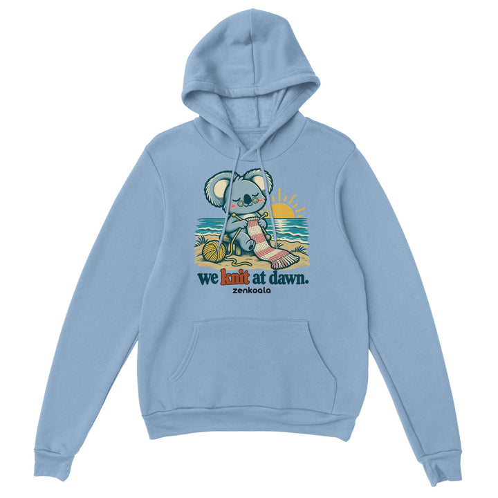 We Knit at Dawn feel-good hoodie in light blue, Zen Koala Australia