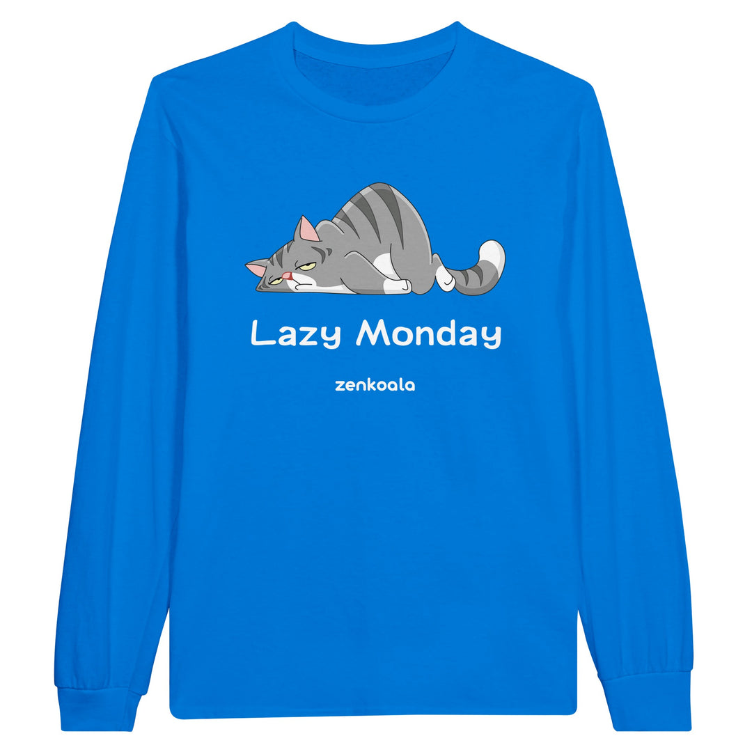 Lazy Monday feel-good long sleeve tee in royal: a grey tabby flopped flat out, Zen Koala Australia