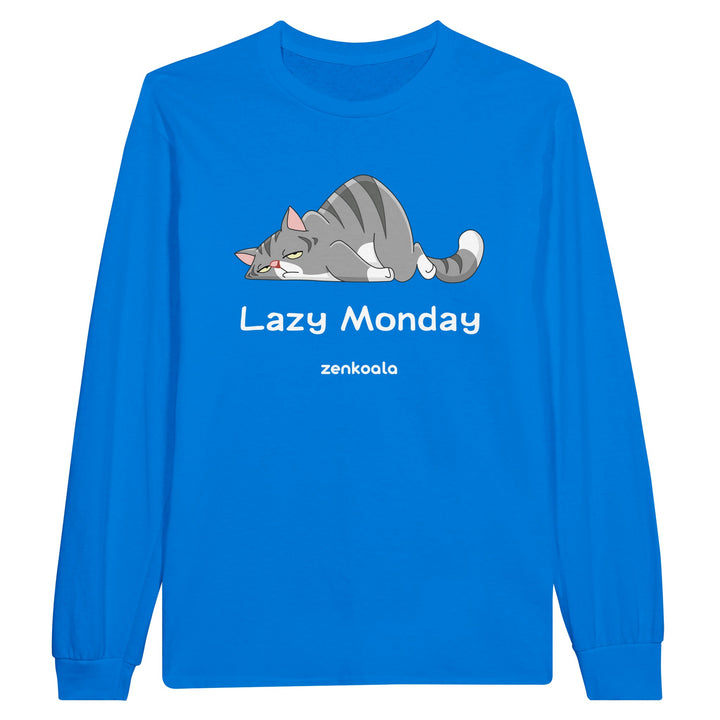 Lazy Monday feel-good long sleeve tee in royal: a grey tabby flopped flat out, Zen Koala Australia