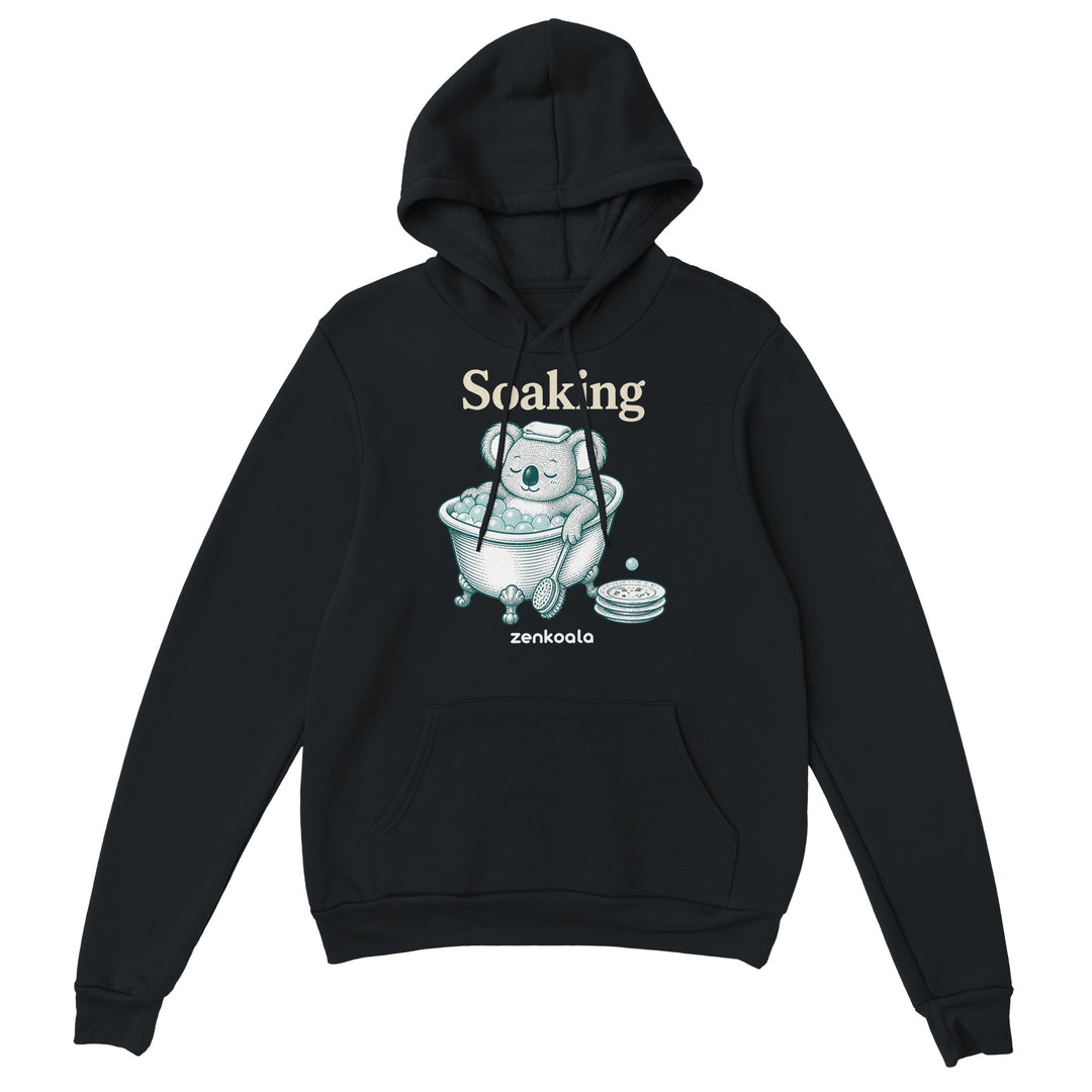 Soaking Koala Bath feel-good hoodie in black, Zen Koala Australia