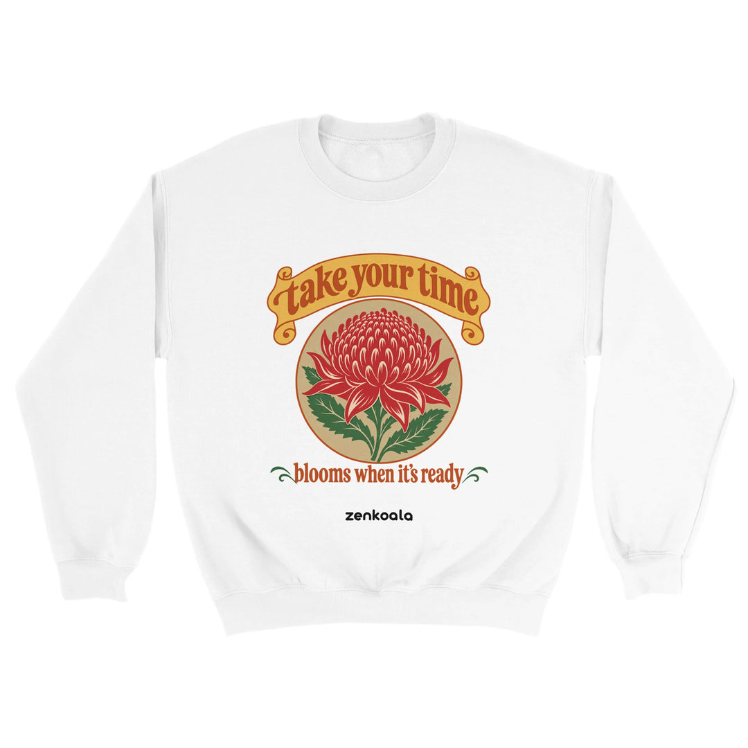 Take Your Time feel-good sweatshirt in white, Zen Koala Australia