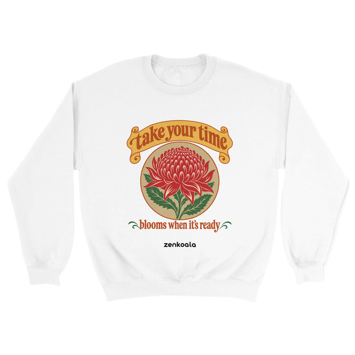 Take Your Time feel-good sweatshirt in white, Zen Koala Australia