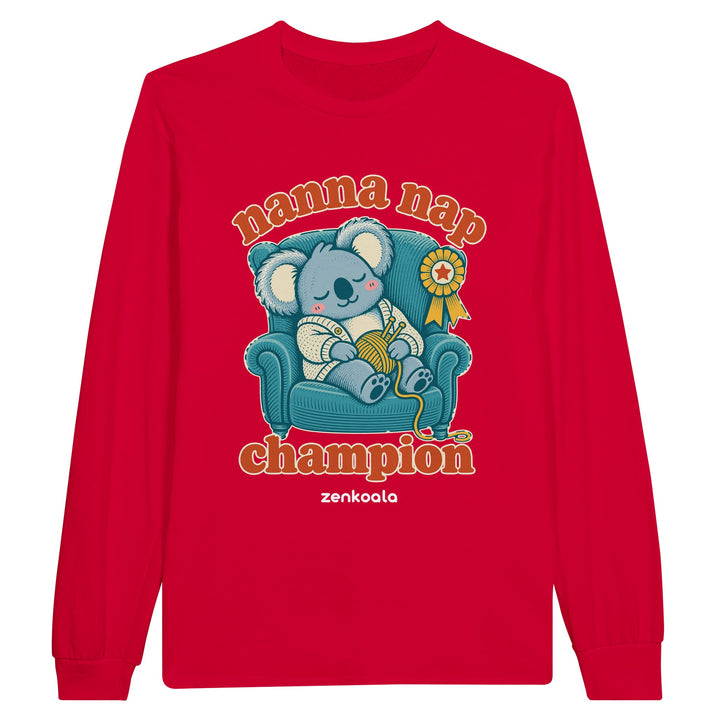 Nanna Nap Champion feel-good long sleeve tee in red, Zen Koala Australia