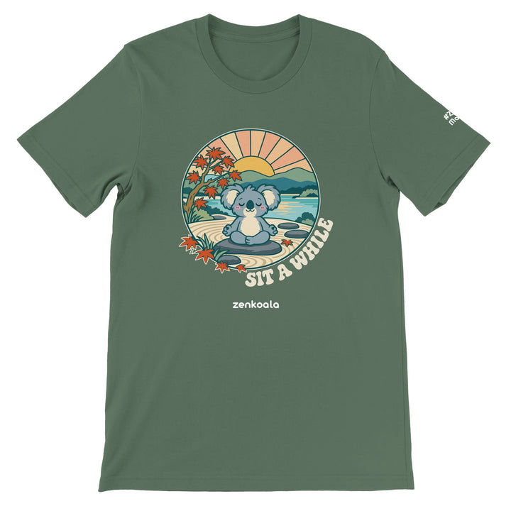 Sit a While feel-good tee in military green, Zen Koala Australia