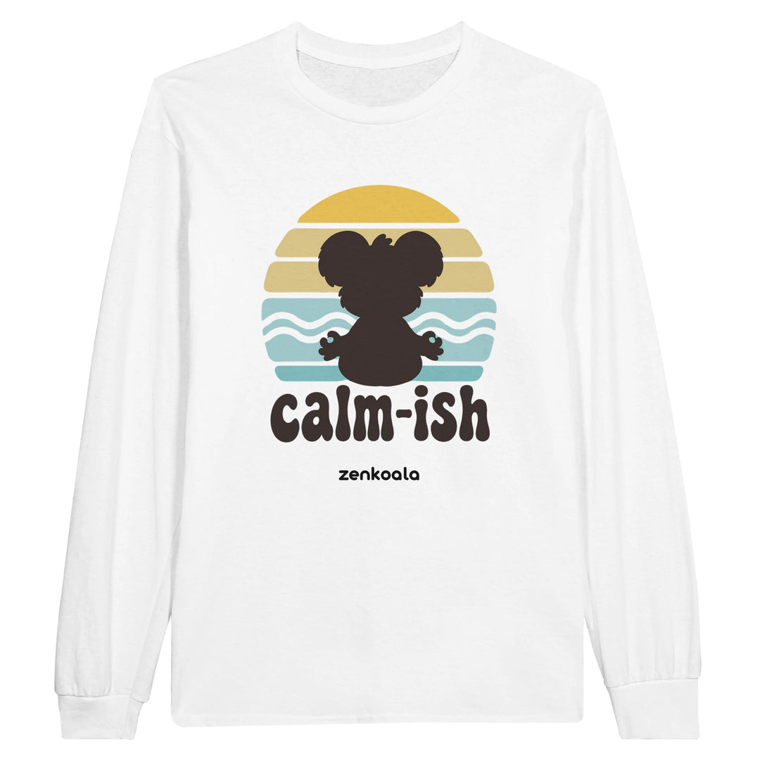 Calm-ish Retro Sunset Koala feel-good long sleeve tee in white, Zen Koala Australia