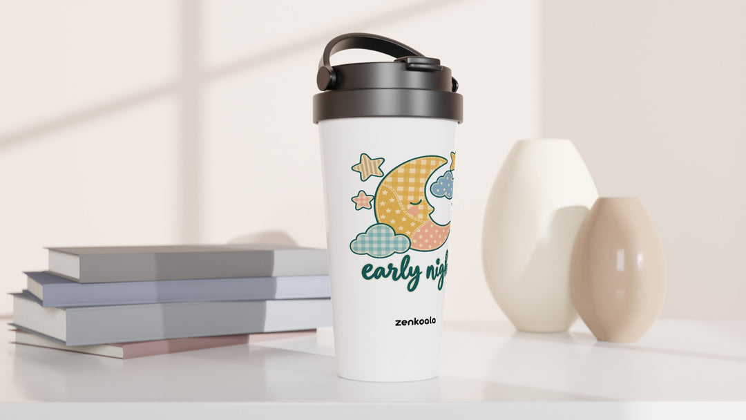 Early Night Moon travel mug beside books and vases, Zen Koala Australia