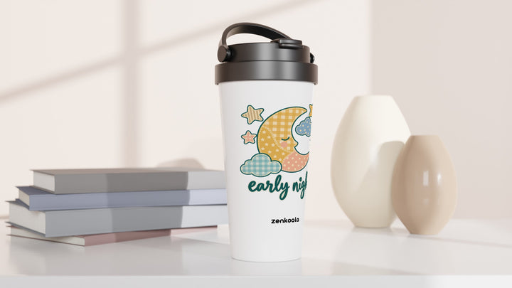 Early Night Moon travel mug beside books and vases, Zen Koala Australia