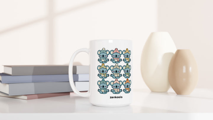 Koala Beanie Club 15oz mug beside books and vases, Zen Koala Australia