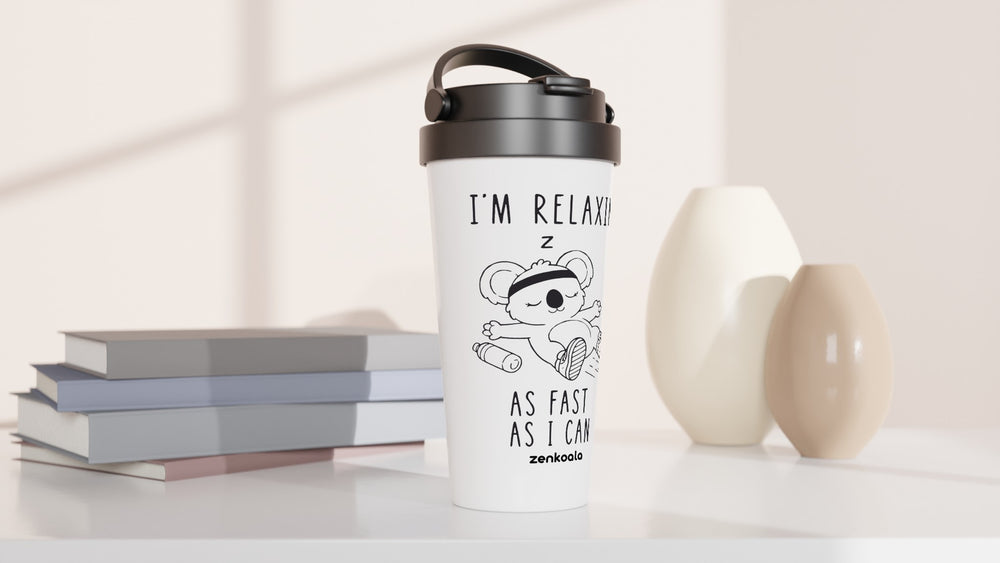I'm Relaxing as Fast as I Can travel mug beside books and vases, Zen Koala Australia