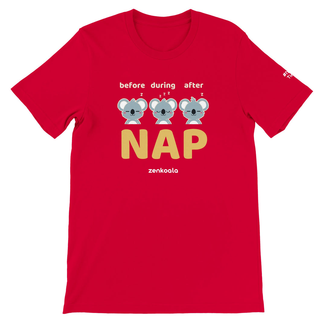 Before Nap Nap After Nap Koala feel-good tee in red, Zen Koala Australia