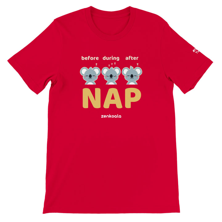 Before Nap Nap After Nap Koala feel-good tee in red, Zen Koala Australia