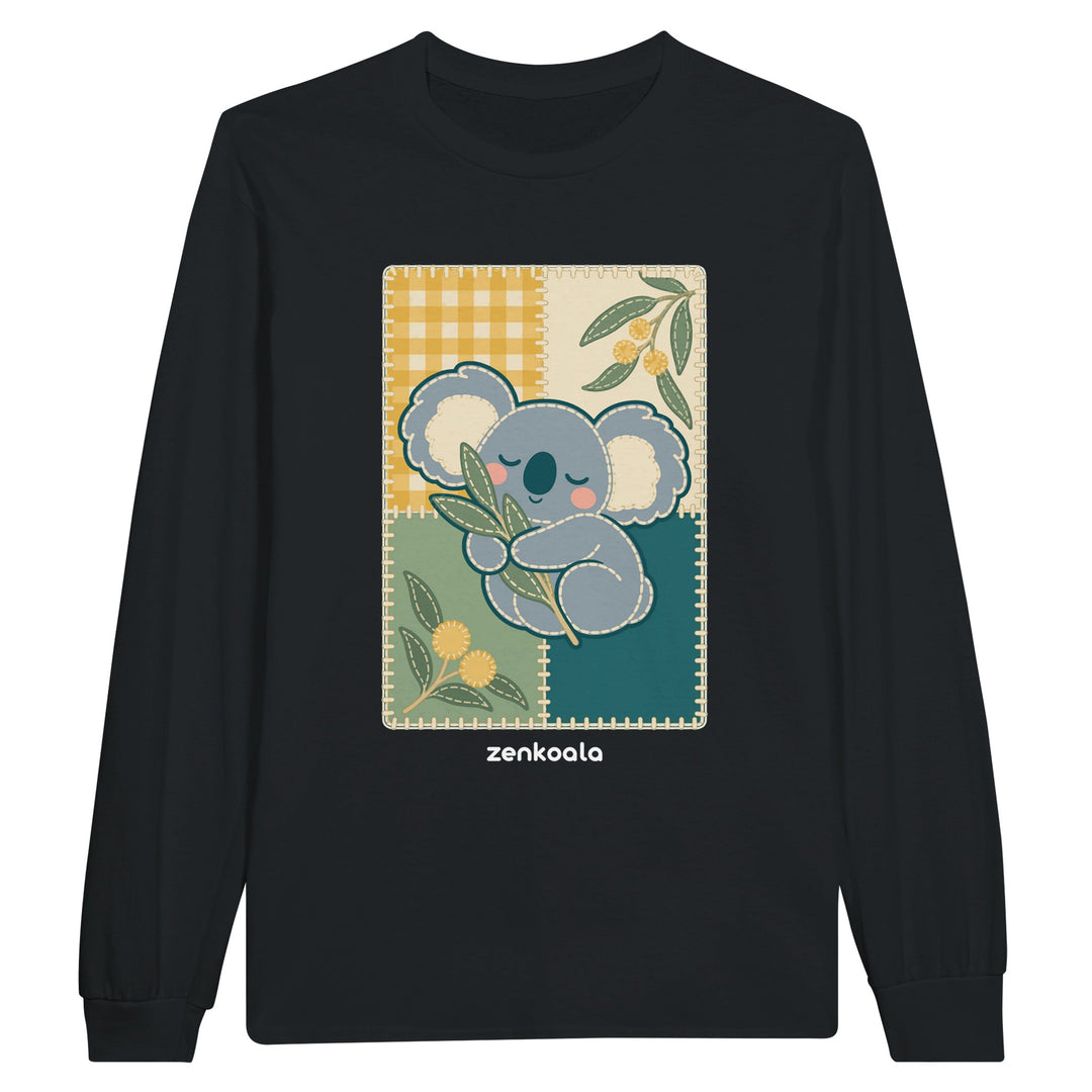 Koala Quilt feel-good long sleeve tee in black, Zen Koala Australia