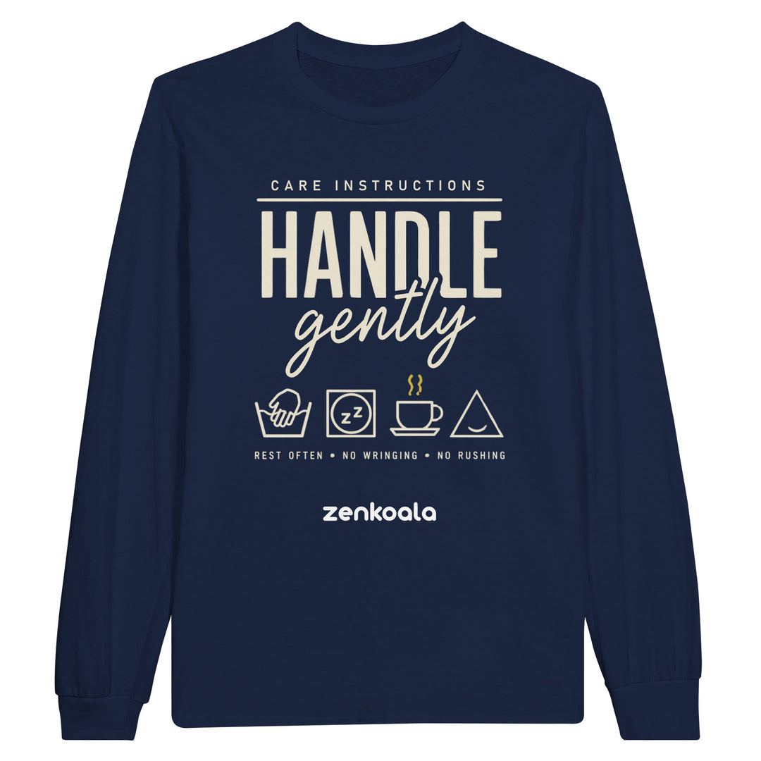 Handle Gently Care Instructions long sleeve tee in navy — Zen Koala Australia