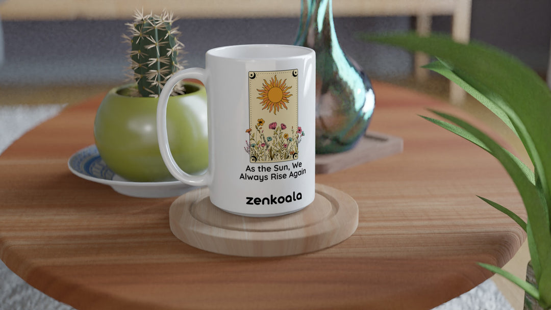 As The Sun 15oz mug on a wooden table with a cactus, Zen Koala Australia