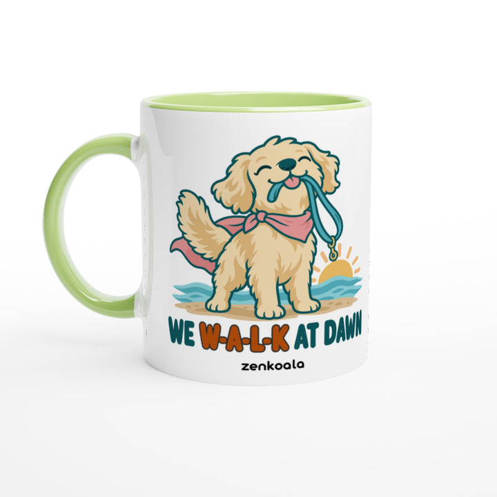 We Walk at Dawn mug in green: white with a green rim, inside and handle, Zen Koala Australia
