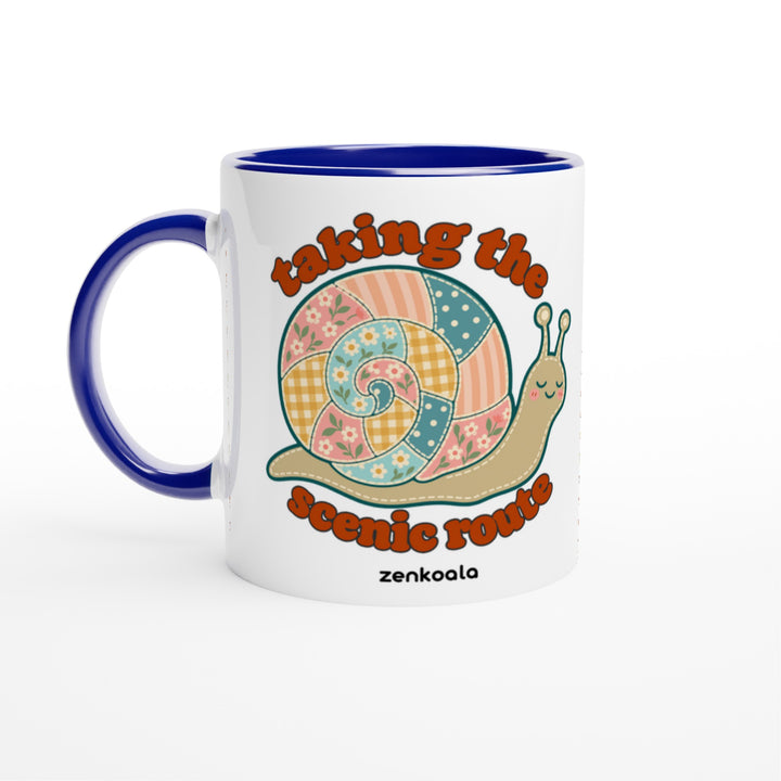 Taking the Scenic Route Snail mug in blue: white with a blue rim, inside and handle, Zen Koala Australia