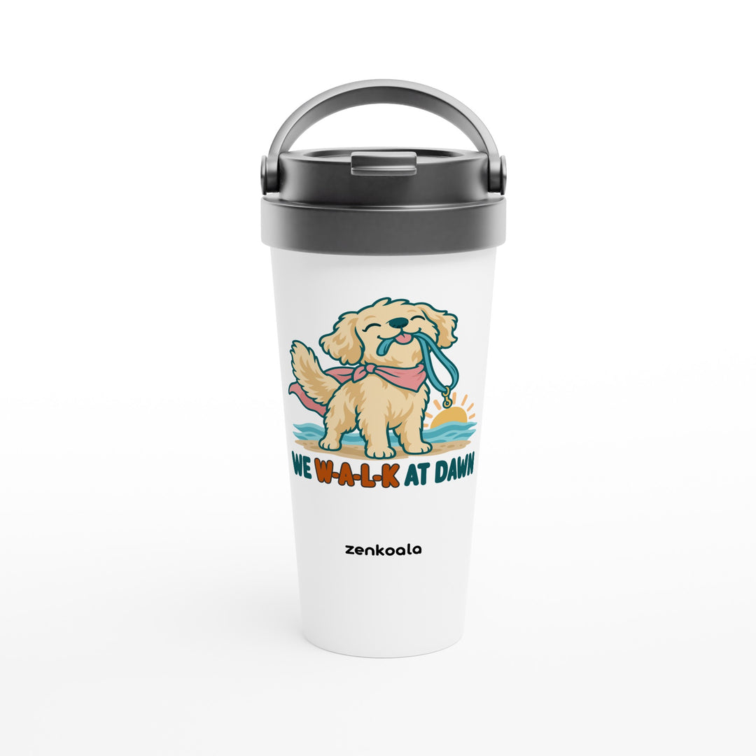 We Walk at Dawn feel-good travel mug: a golden retriever with its lead, Zen Koala Australia