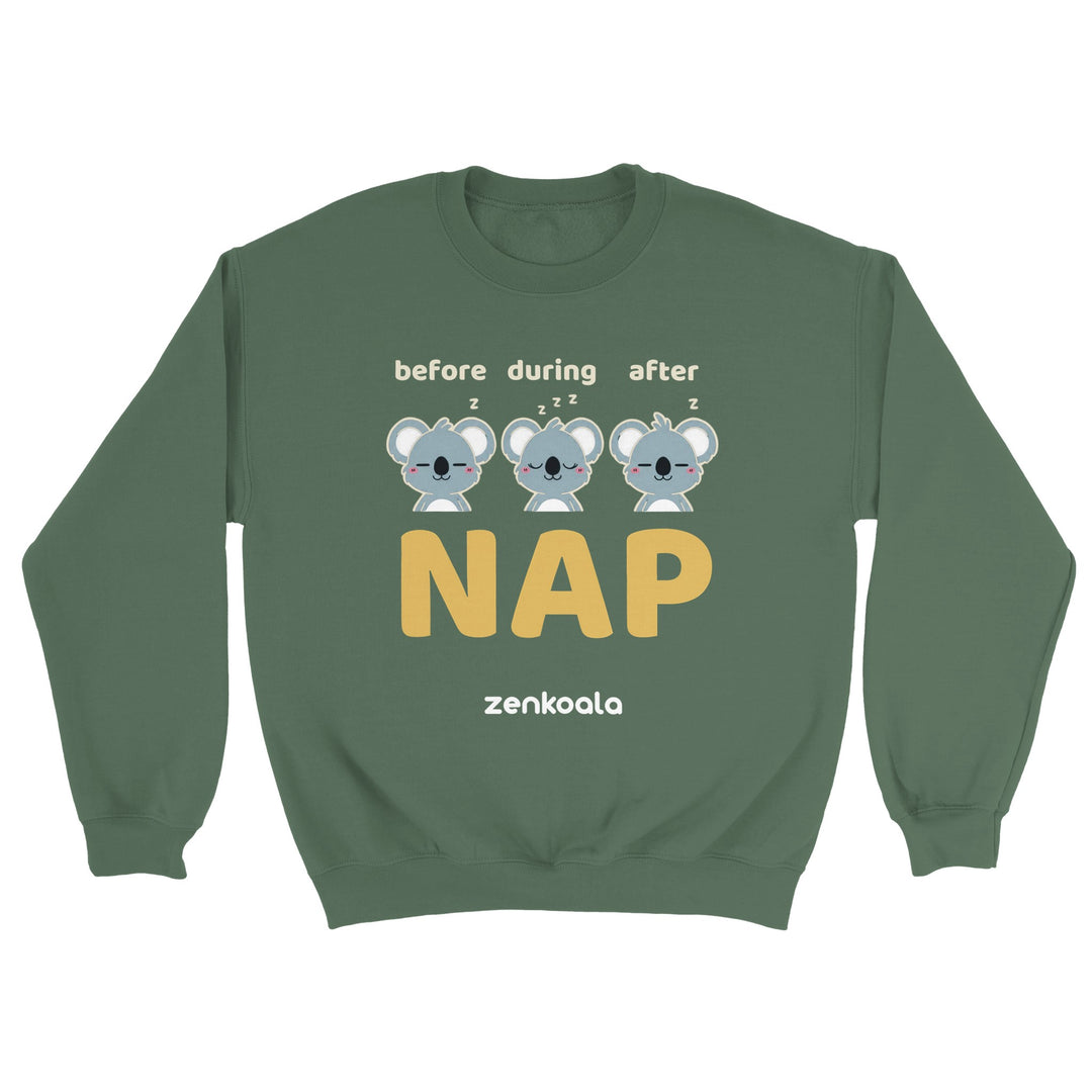 Before Nap Nap After Nap Koala feel-good sweatshirt in Military Green — three sleepy koalas before, during and after nap, Zen Koala Australia