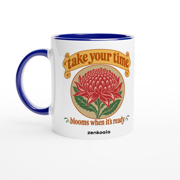 Take Your Time mug in blue: white with a blue rim, inside and handle, Zen Koala Australia