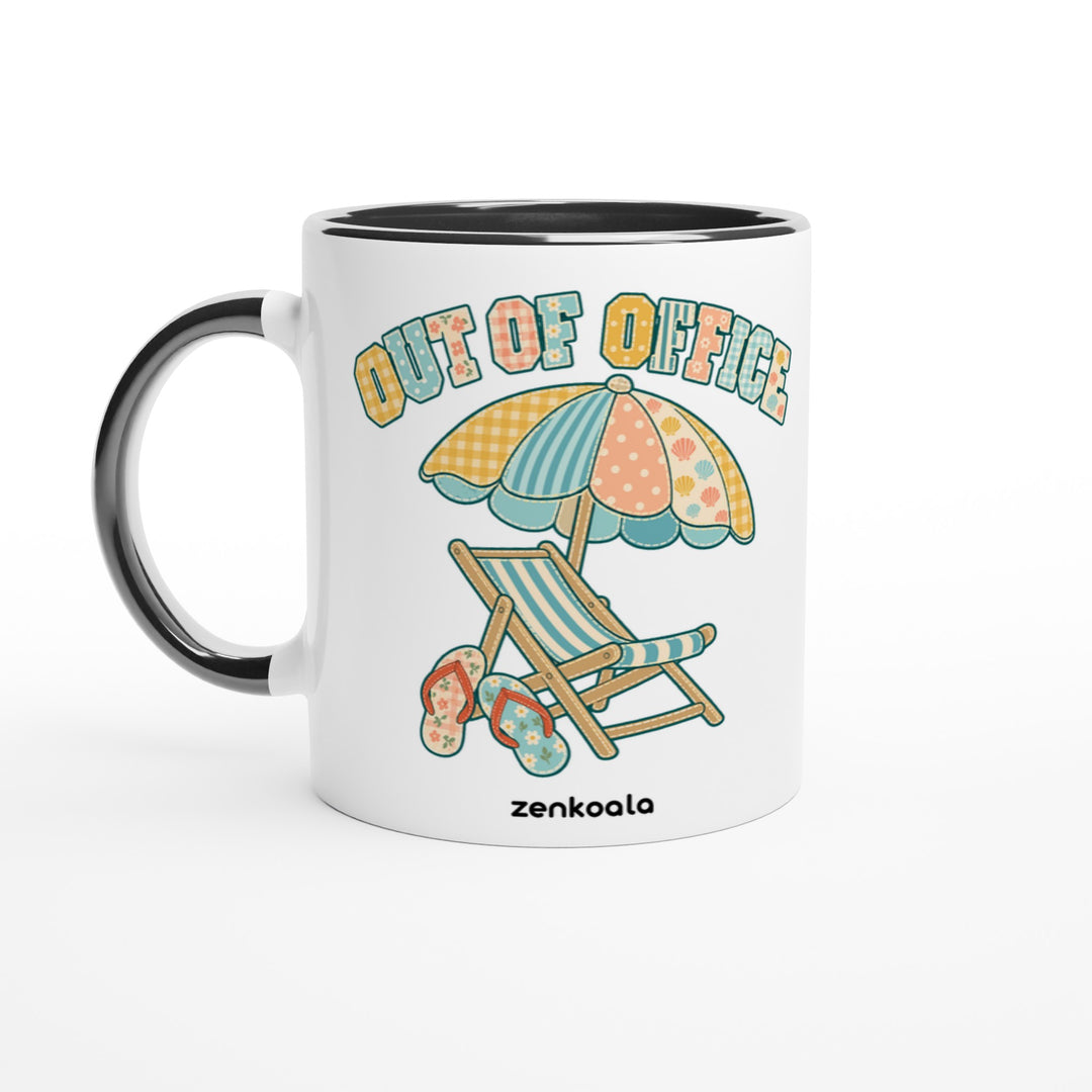 Out of Office Beach mug in black: white with a black rim, inside and handle, Zen Koala Australia