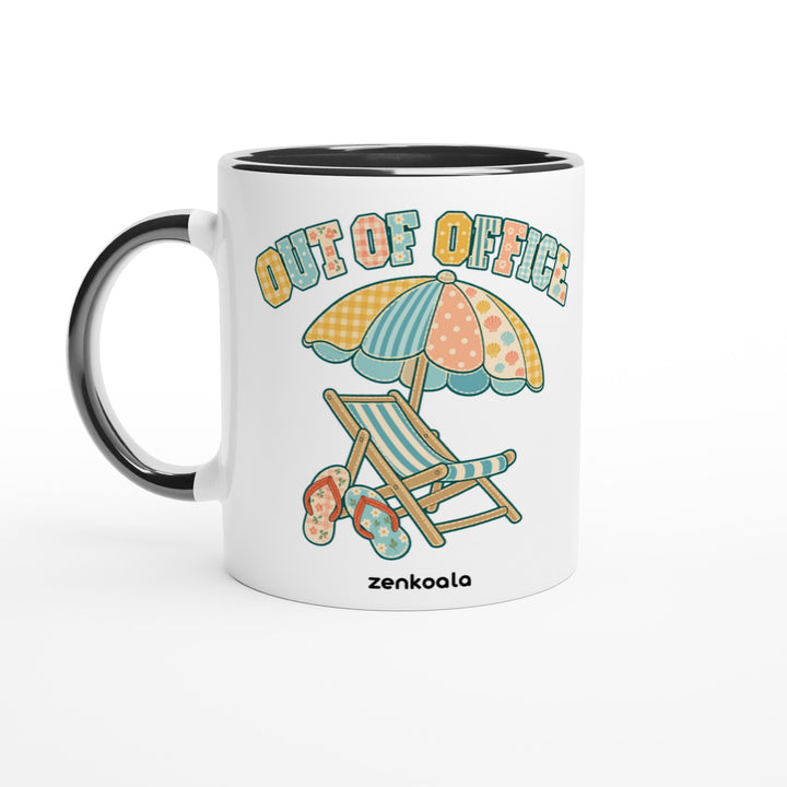 Out of Office Beach mug in black: white with a black rim, inside and handle, Zen Koala Australia