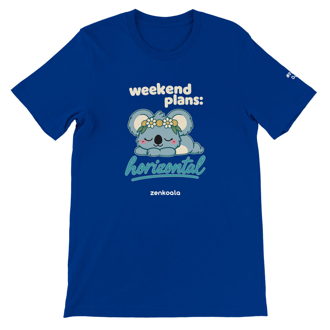 Weekend Plans Horizontal Koala feel-good tee in true royal: a sleepy koala in a wildflower crown, Zen Koala Australia