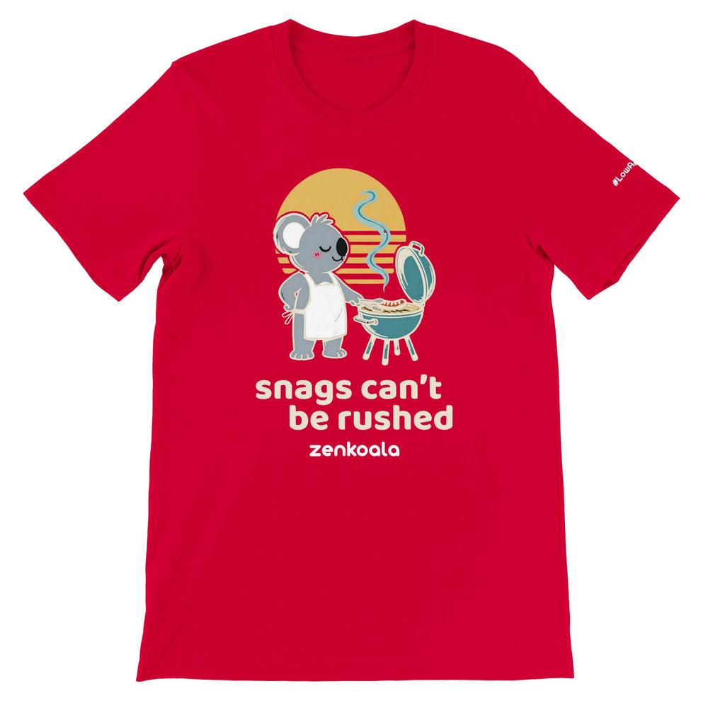 Snags Can't Be Rushed Koala BBQ feel-good tee in red — Zen Koala Australia