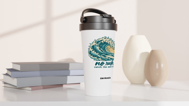 No Rush Catch the Next One travel mug beside books and vases, Zen Koala Australia