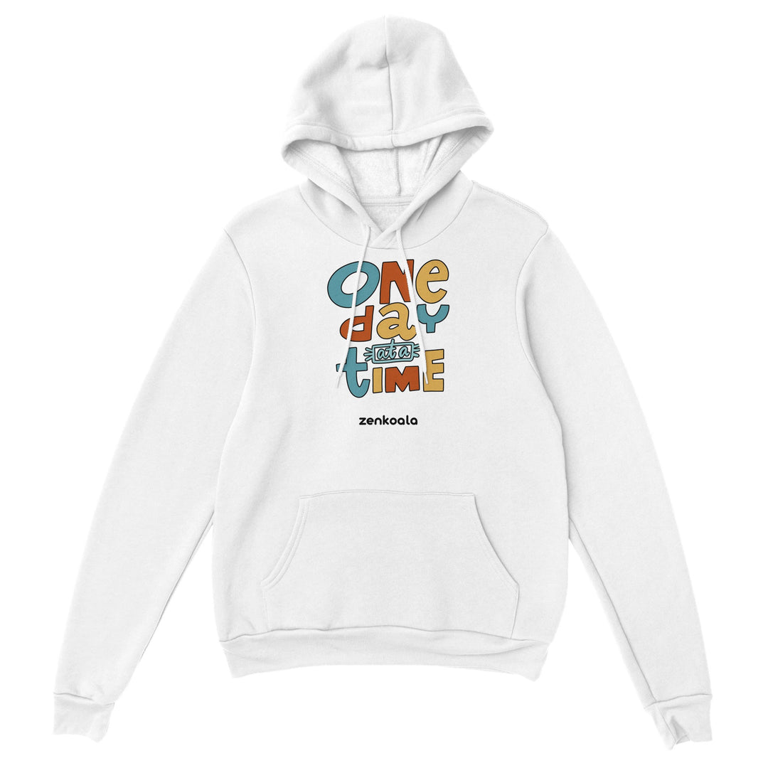 One Day at a Time feel-good hoodie in white, Zen Koala Australia