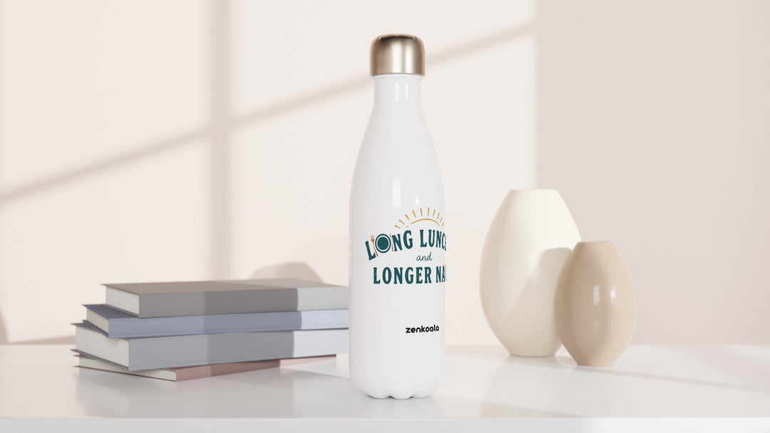 Long Lunches and Longer Naps water bottle beside books and vases, Zen Koala Australia