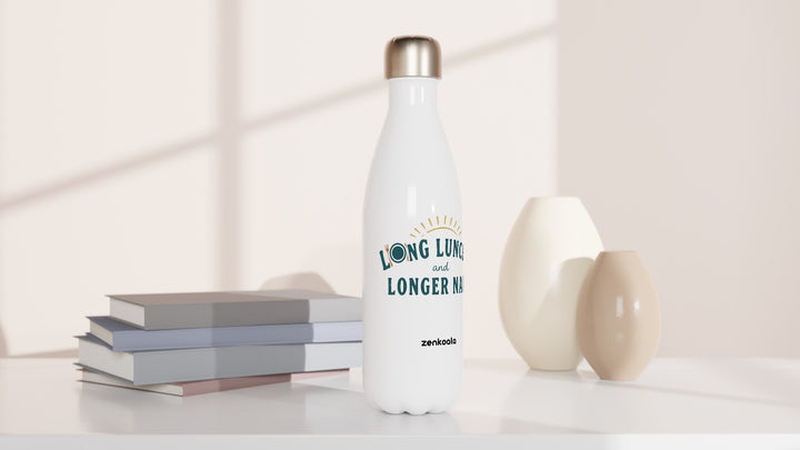 Long Lunches and Longer Naps water bottle beside books and vases, Zen Koala Australia