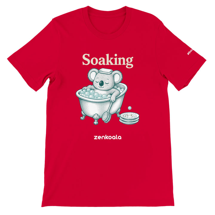 Soaking Koala Bath feel-good tee in red — Zen Koala Australia
