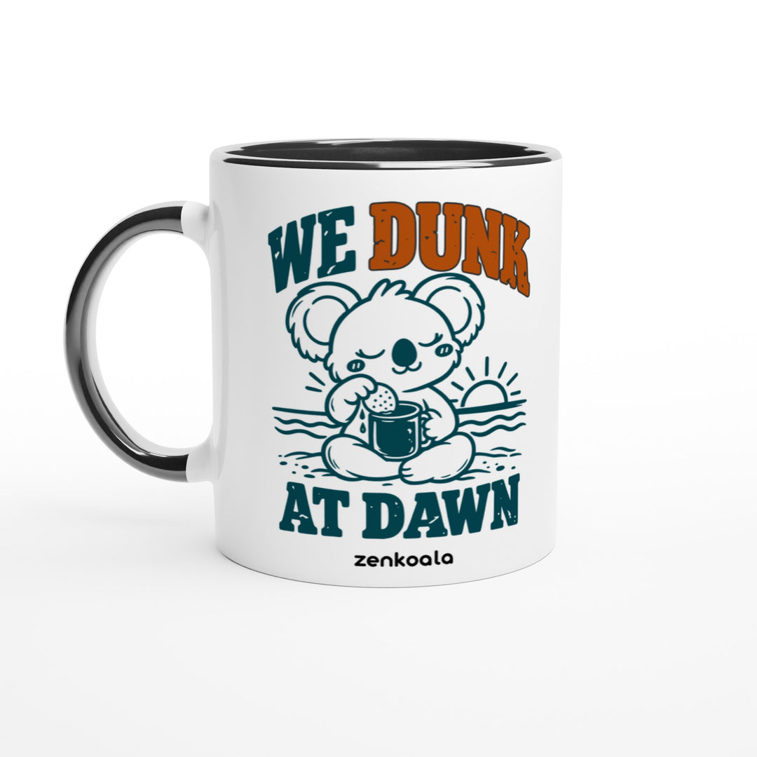We Dunk at Dawn feel-good mug: a koala dunking a biscuit, Zen Koala Australia