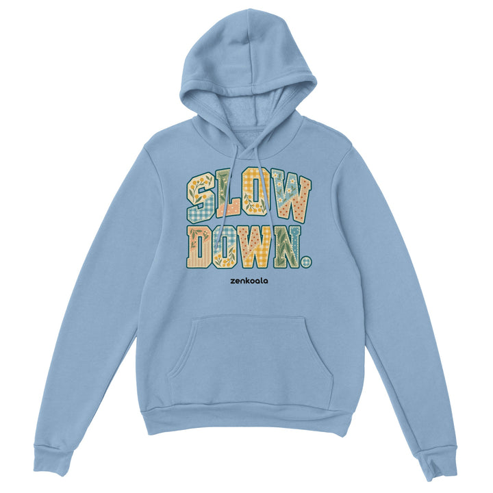 Slow Down Faux Patchwork feel-good hoodie in light blue, Zen Koala Australia