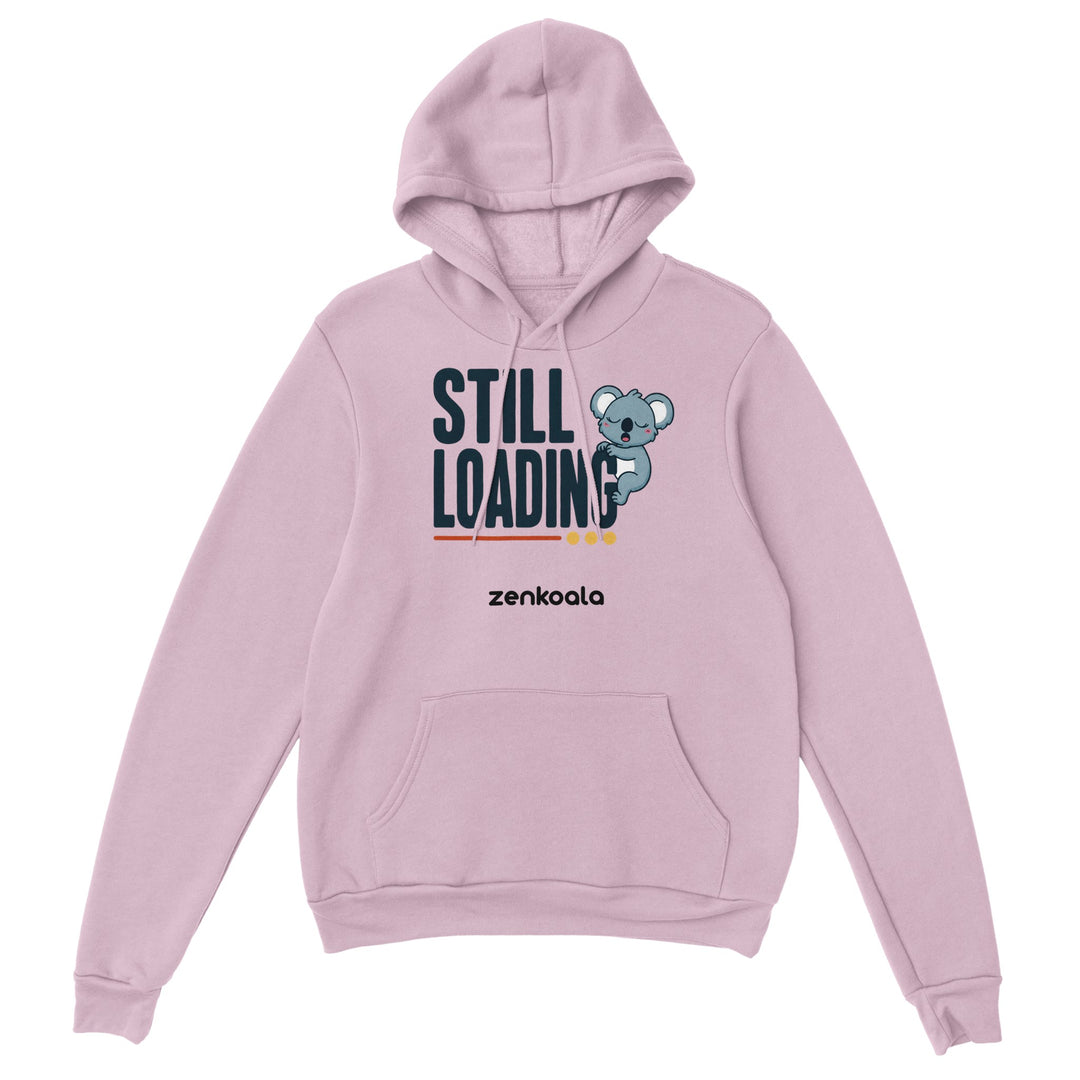 Still Loading Koala feel-good hoodie in Light Pink — a sleepy yawning koala hanging off bold retro letters, Zen Koala Australia