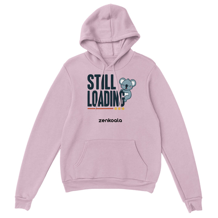Still Loading Koala feel-good hoodie in Light Pink — a sleepy yawning koala hanging off bold retro letters, Zen Koala Australia
