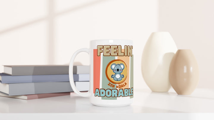 Feeling Adorable 15oz mug beside books and vases, Zen Koala Australia