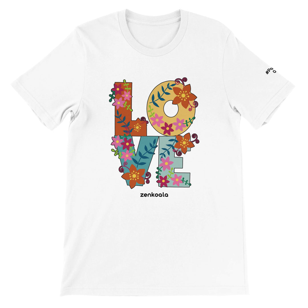 Love feel-good tee in white: love grown out of flowers and leaves, Zen Koala Australia