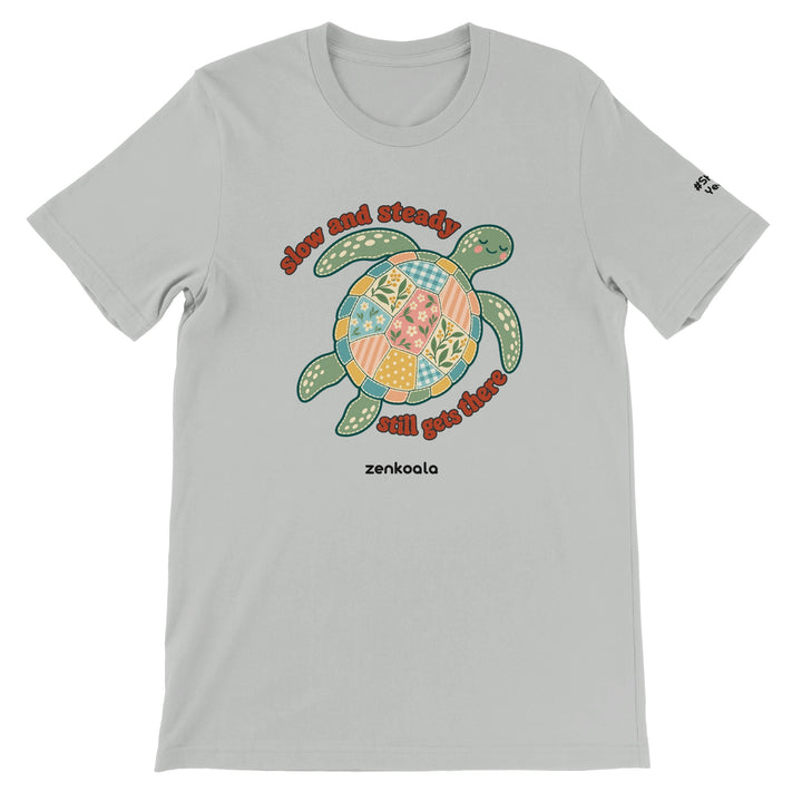 Slow and Steady Turtle feel-good tee in silver: a faux patchwork sea turtle, Zen Koala Australia